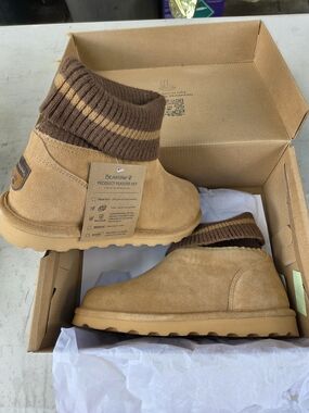BearPaw Tan Suede Ankle Boots with Brown Knit Cuff Stripe